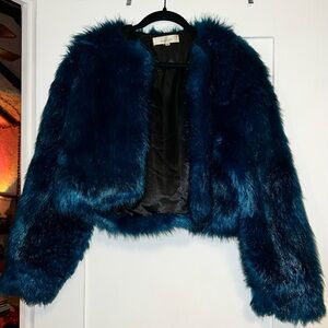 blue faux fur cropped jacket by Oh My Love London (Size S)